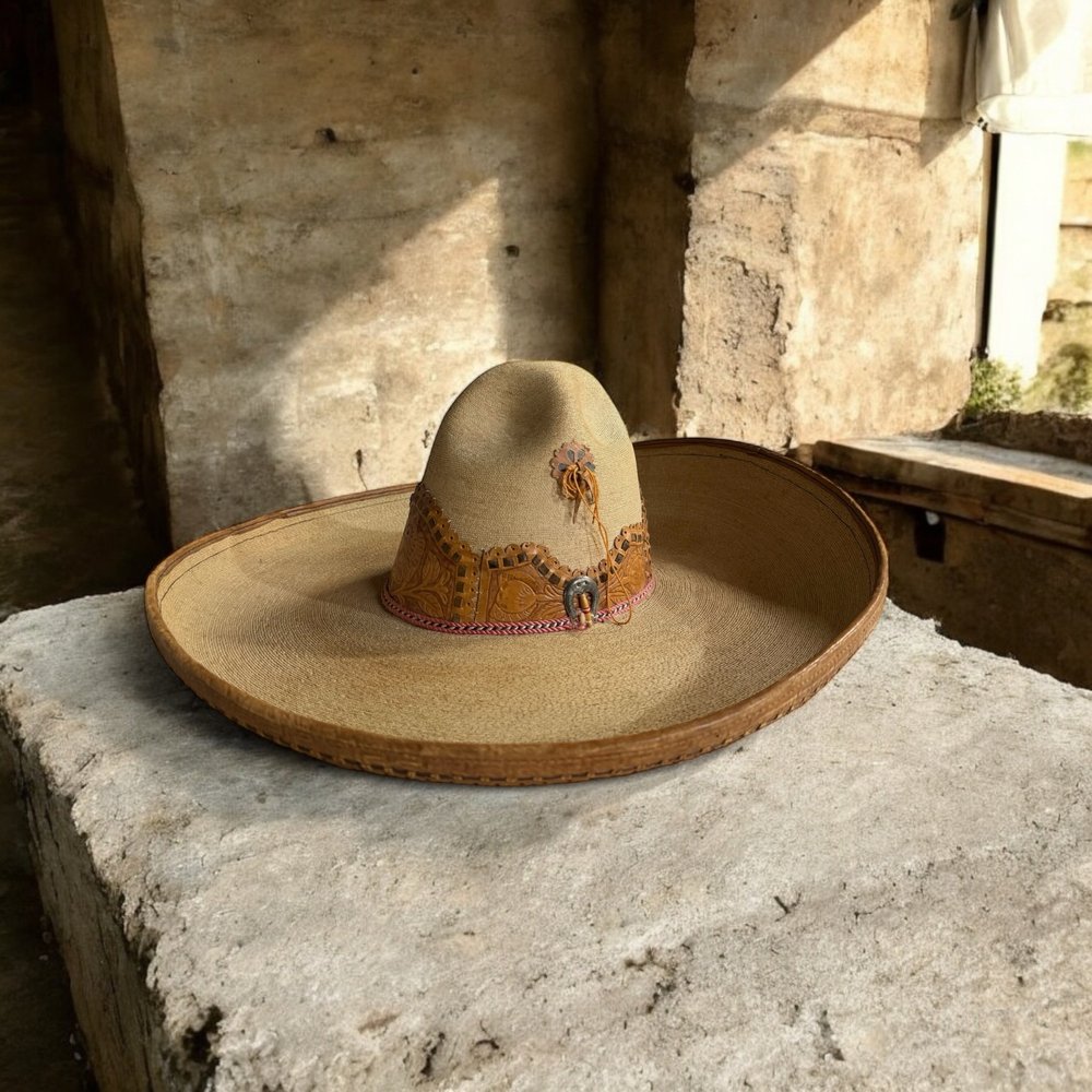 Vintage High Crown Sombrero by Alberto Chavez - Leather Trim